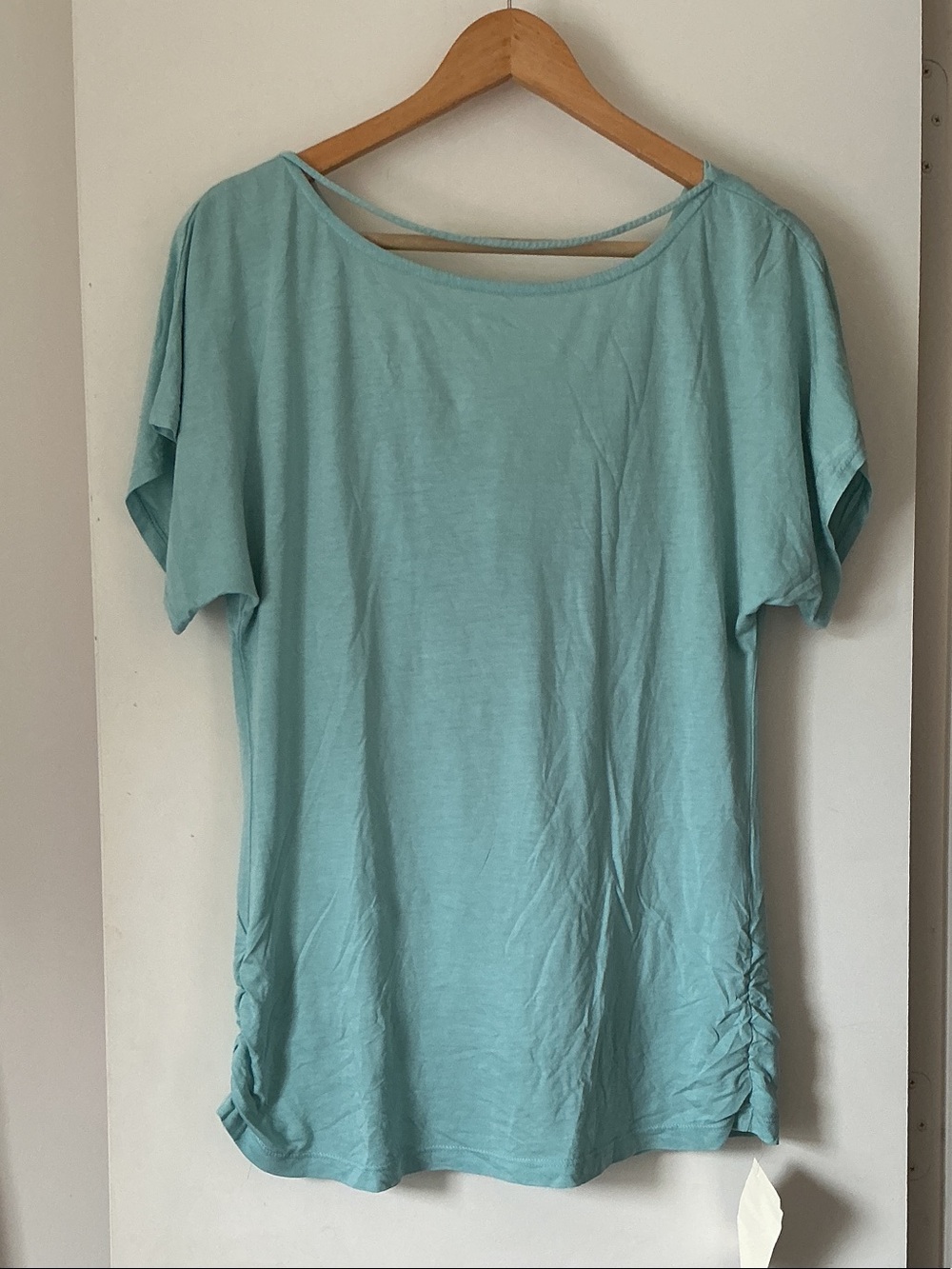 C&C Liberty Scoop back Top. Light Aqua Women’s Short Sleeve Ruched Tee